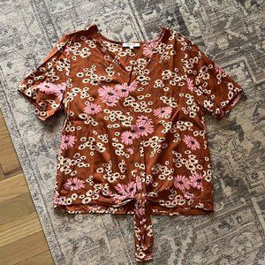 Madewell Pink Cream Brown Floral Front Tie Shirt Womens Small